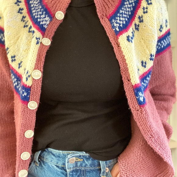 Vintage Knit Cardigan | Dusty Pink & Cream Fair Isle | S | Button Front - Picture 5 of 7
